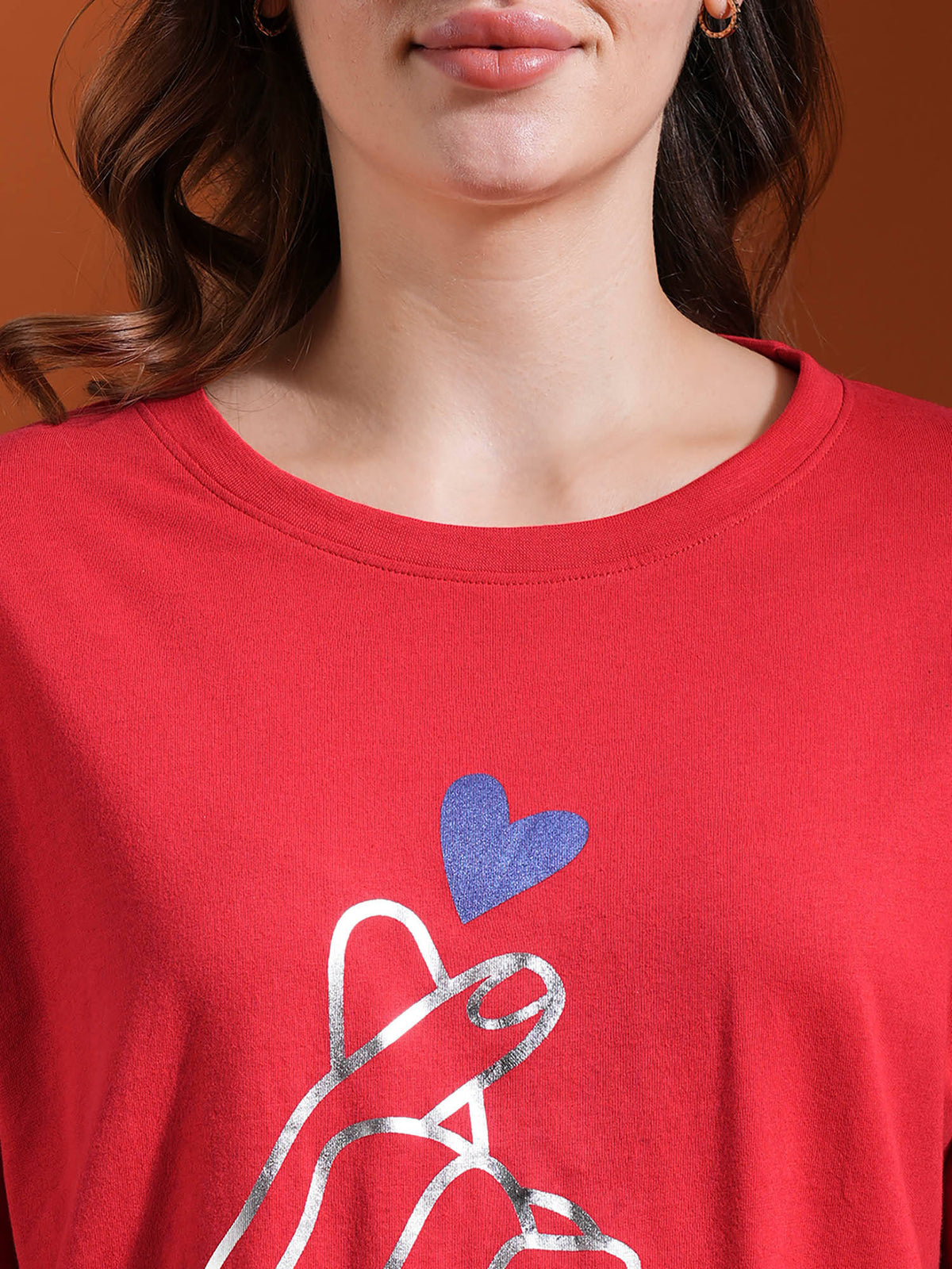 Women Red Drop Shoulder Korean Graphic Printed Oversized Trendy Crop T-Shirt | TS56 - view 4