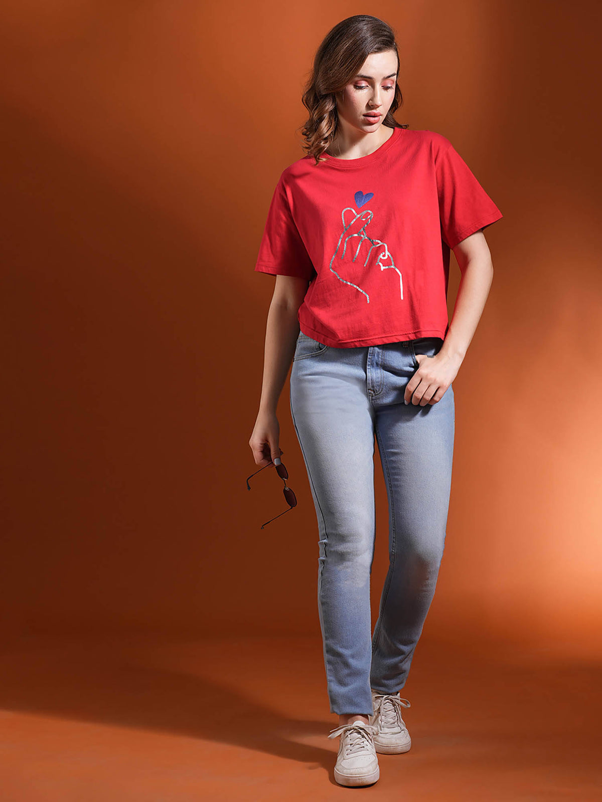 Women Red Drop Shoulder Korean Graphic Printed Oversized Trendy Crop T-Shirt | TS56 - view 5
