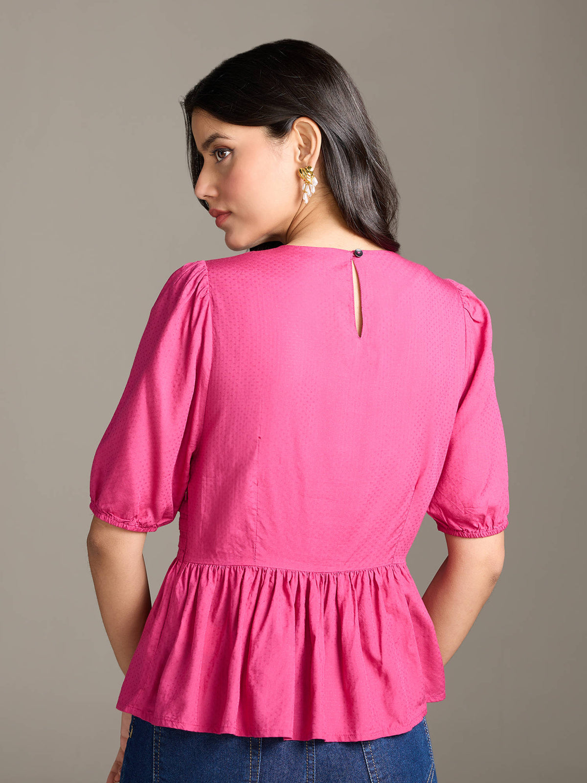 Fuchsia Pink Solid Round Neck Elbow Sleeves Peplum Top | pt51 - view 2