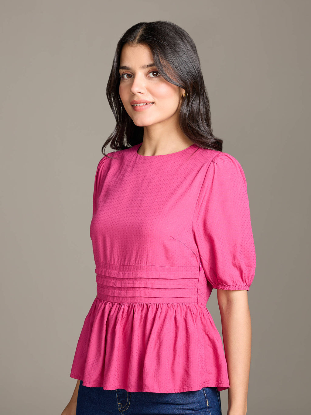 Fuchsia Pink Solid Round Neck Elbow Sleeves Peplum Top | pt51 - view 3