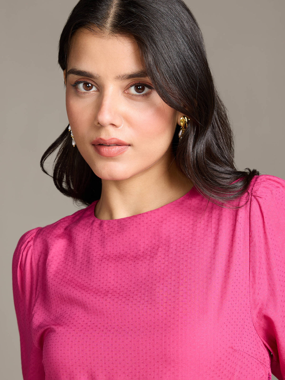 Fuchsia Pink Solid Round Neck Elbow Sleeves Peplum Top | pt51 - view 5