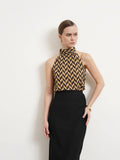 Halter Neck Geometric Top - Beige And Black | HT67 - view 1