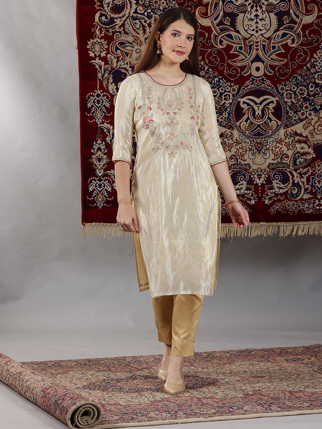 Beige Dori Embroidered Yoke Straight Festive Kurta | FY93 - view 1