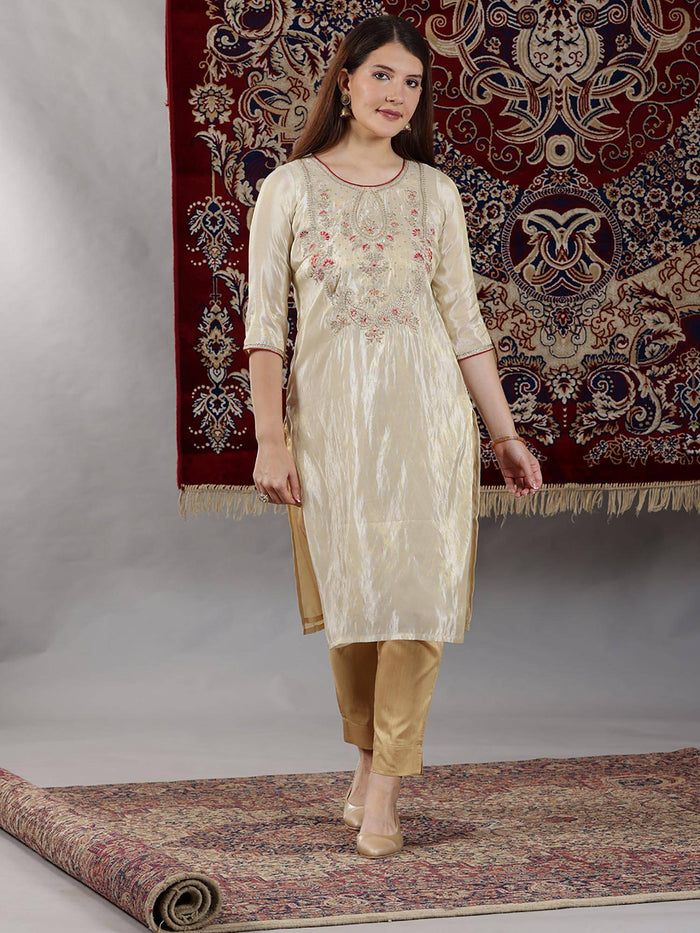 Beige Dori Embroidered Yoke Straight Festive Kurta | FY93 - view 1