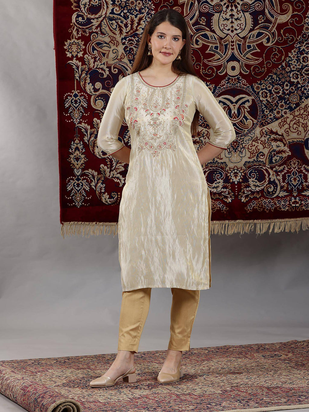 Beige Dori Embroidered Yoke Straight Festive Kurta | FY93 - view 2