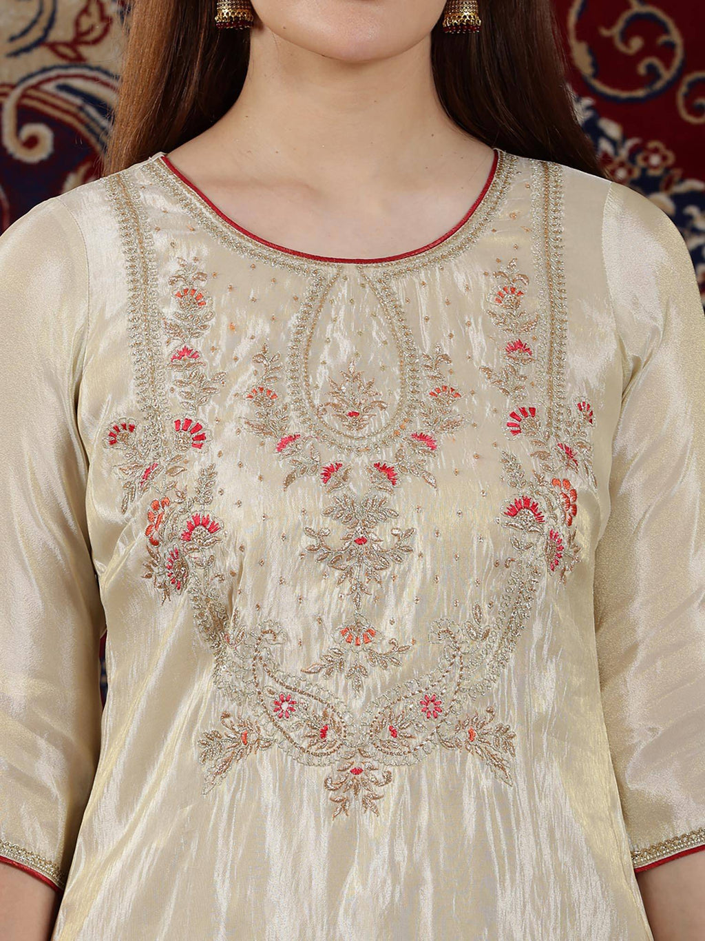 Beige Dori Embroidered Yoke Straight Festive Kurta | FY93 - view 3