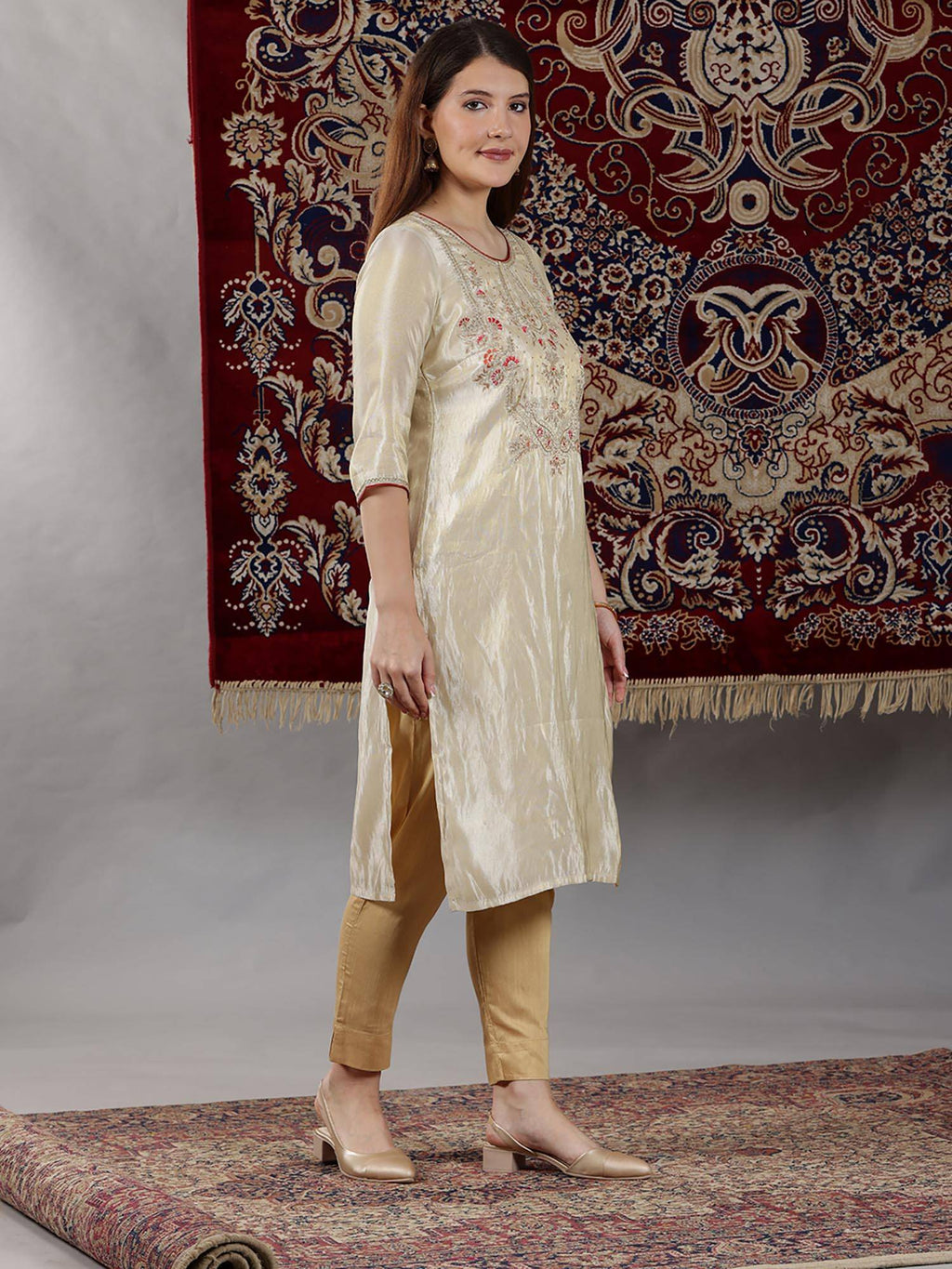Beige Dori Embroidered Yoke Straight Festive Kurta | KDG - view 4