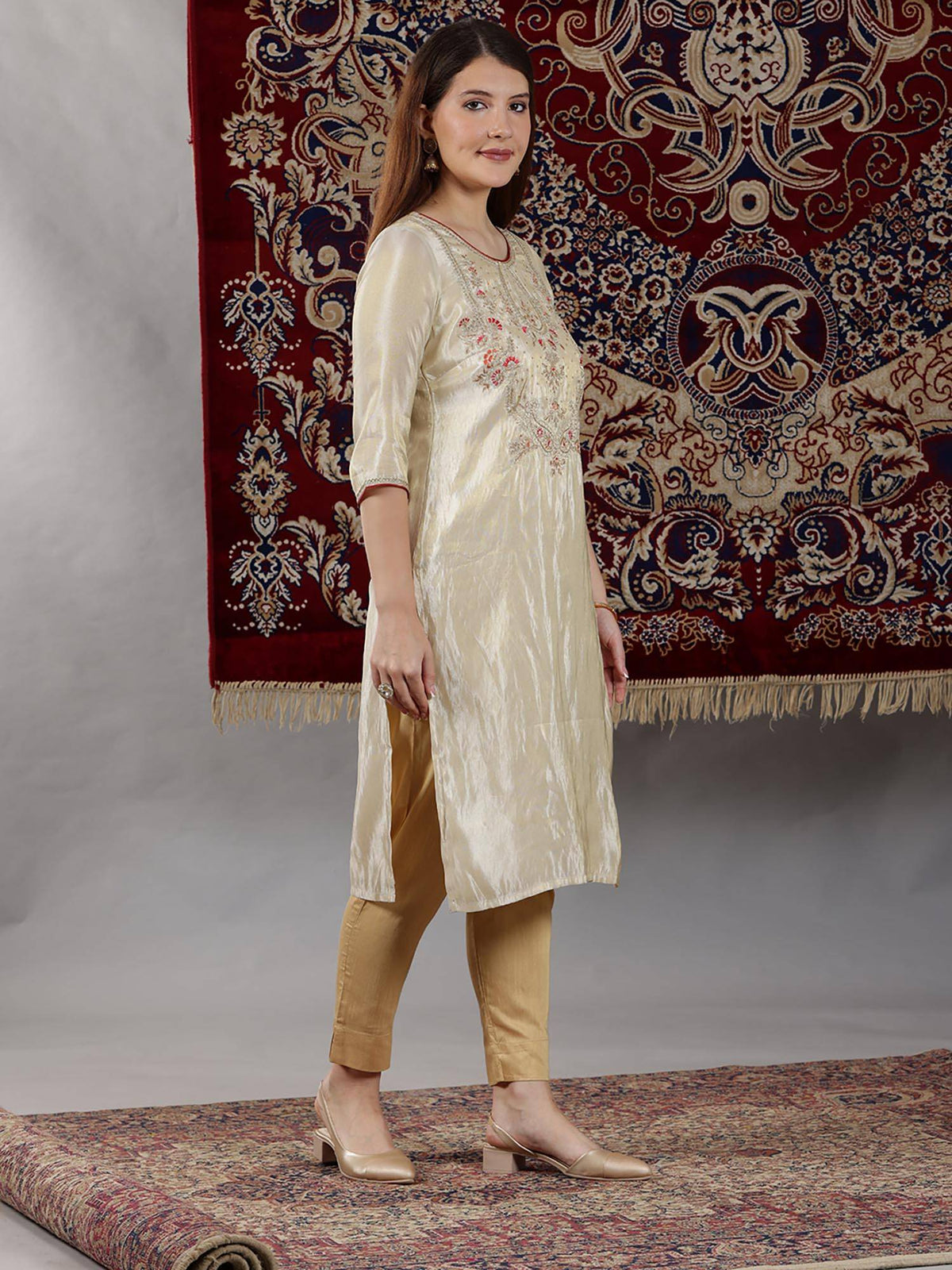 Beige Dori Embroidered Yoke Straight Festive Kurta | KDG - view 4
