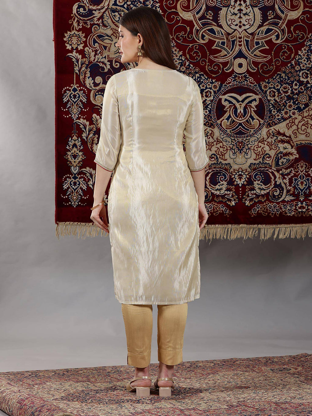 Beige Dori Embroidered Yoke Straight Festive Kurta | KDG - view 5