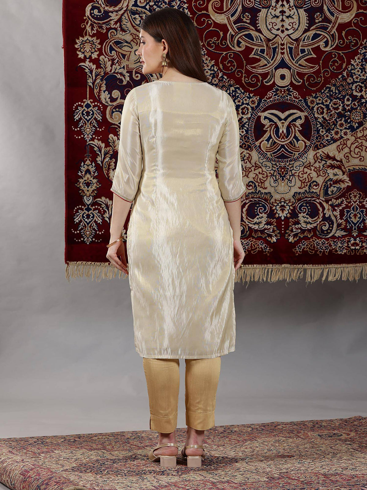 Beige Dori Embroidered Yoke Straight Festive Kurta | FY93 - view 5