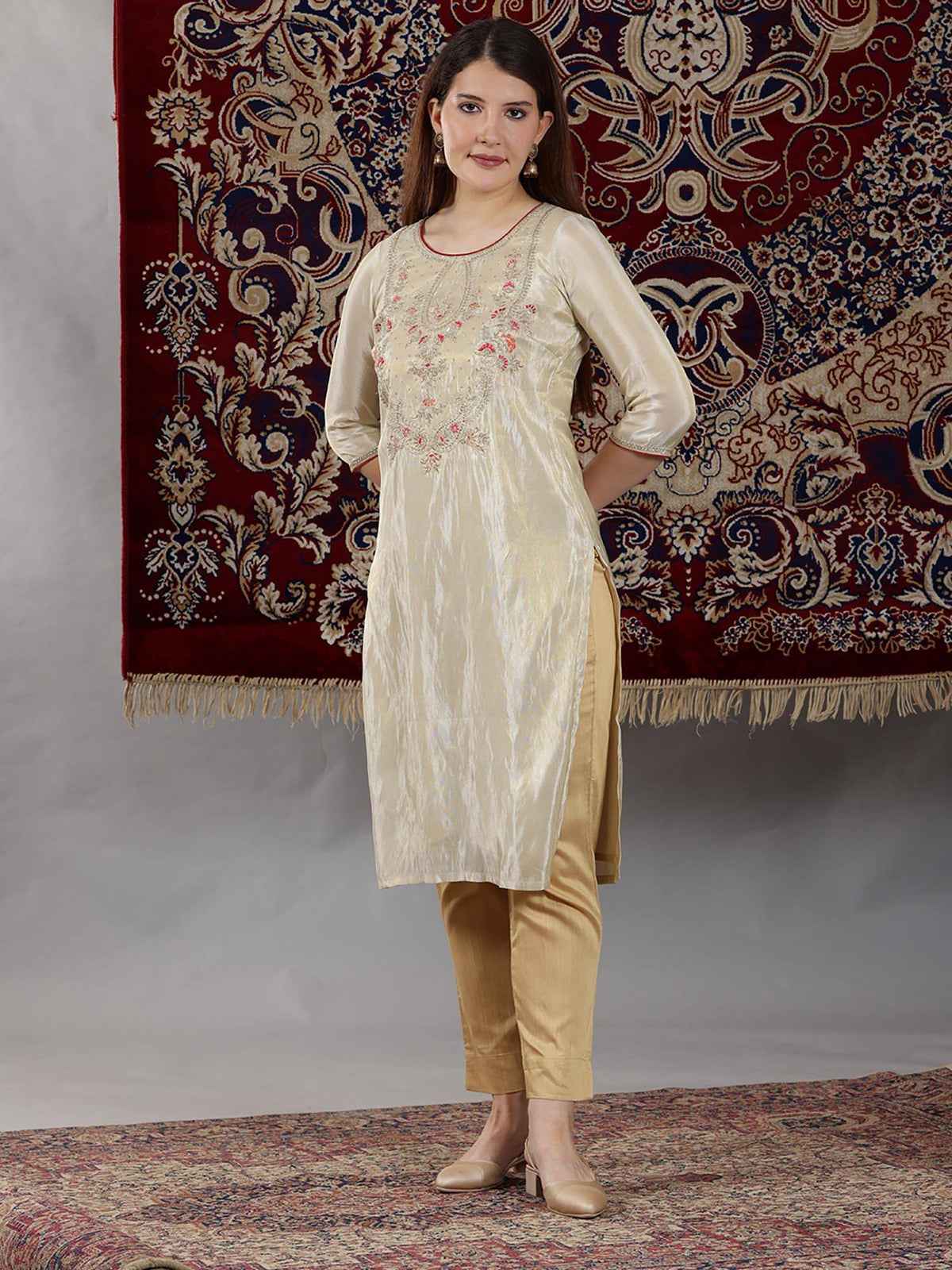Beige Dori Embroidered Yoke Straight Festive Kurta | FY93 - view 6