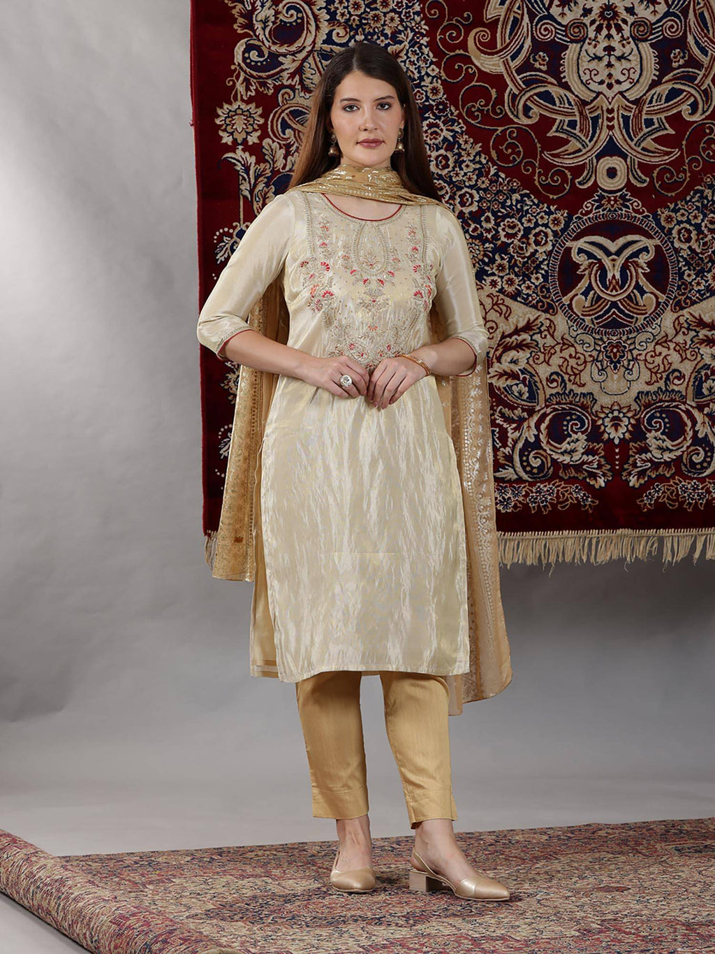 Beige Dori Embroidered Yoke Straight Festive Kurta | FY93 - view 7