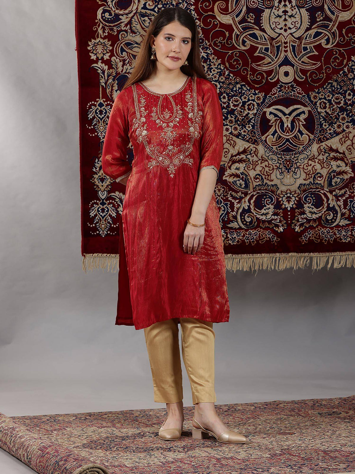 Beige Dori Embroidered Yoke Straight Festive Kurta | FY93 - view 9