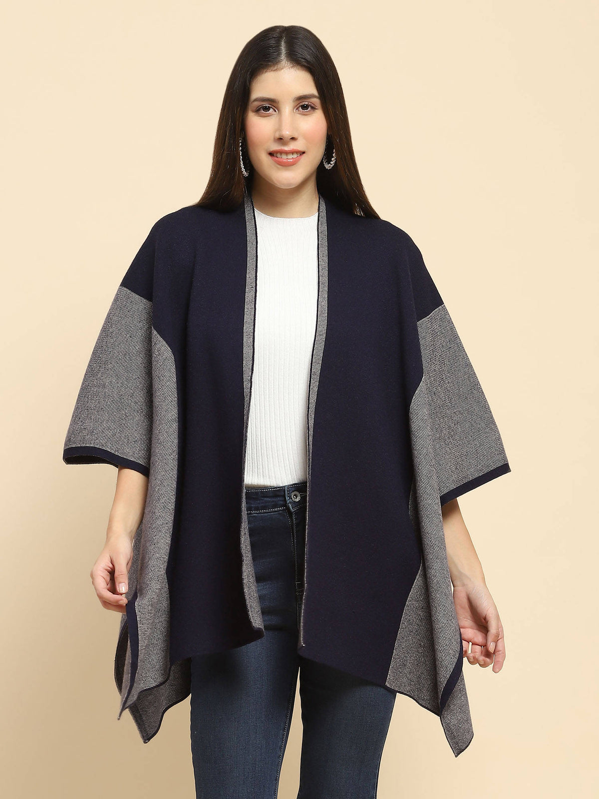 Women Poly Blend Open Neck 3 4Th Sleeves Loose Fit Winter Shrug | JC78 - view 1