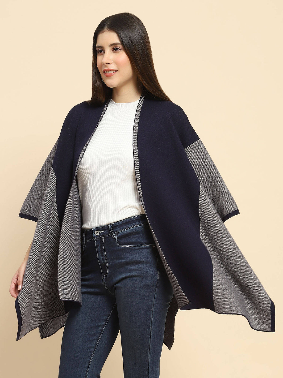 Women Poly Blend Open Neck 3 4Th Sleeves Loose Fit Winter Shrug | JC78 - view 2