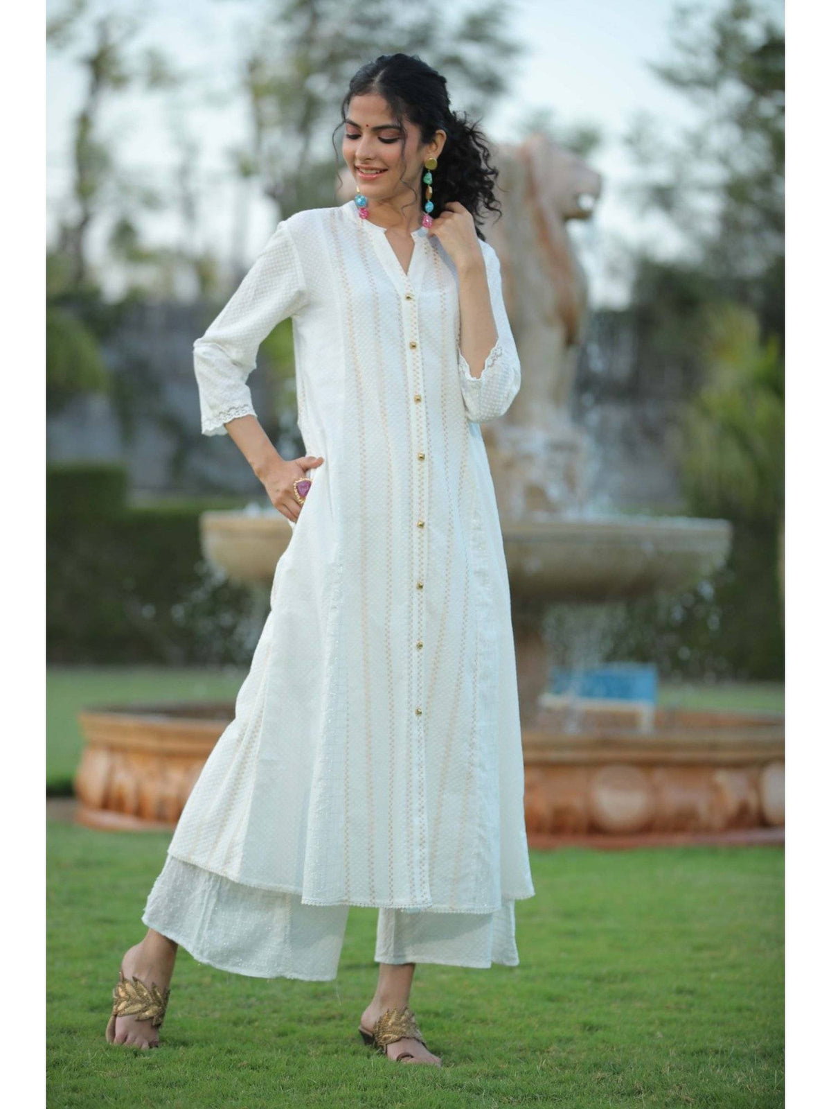Grey Solid Cotton Dobby A-Line Kurta with Buttons | KDG - view 6