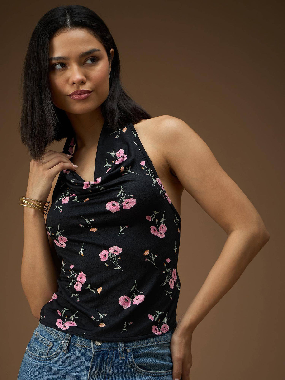 Women Printed Black Colour Halter Neck Styled Back Opaque Top | HT67 - view 1