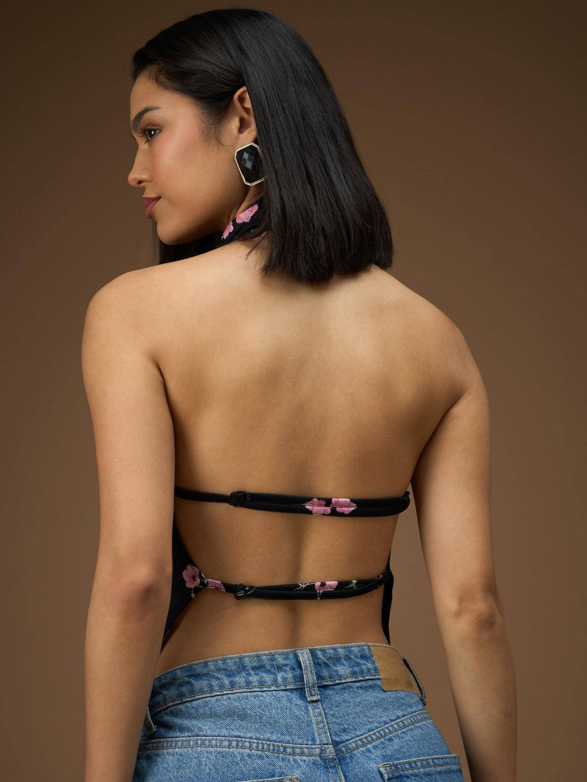 Women Printed Black Colour Halter Neck Styled Back Opaque Top | HT67 - view 2