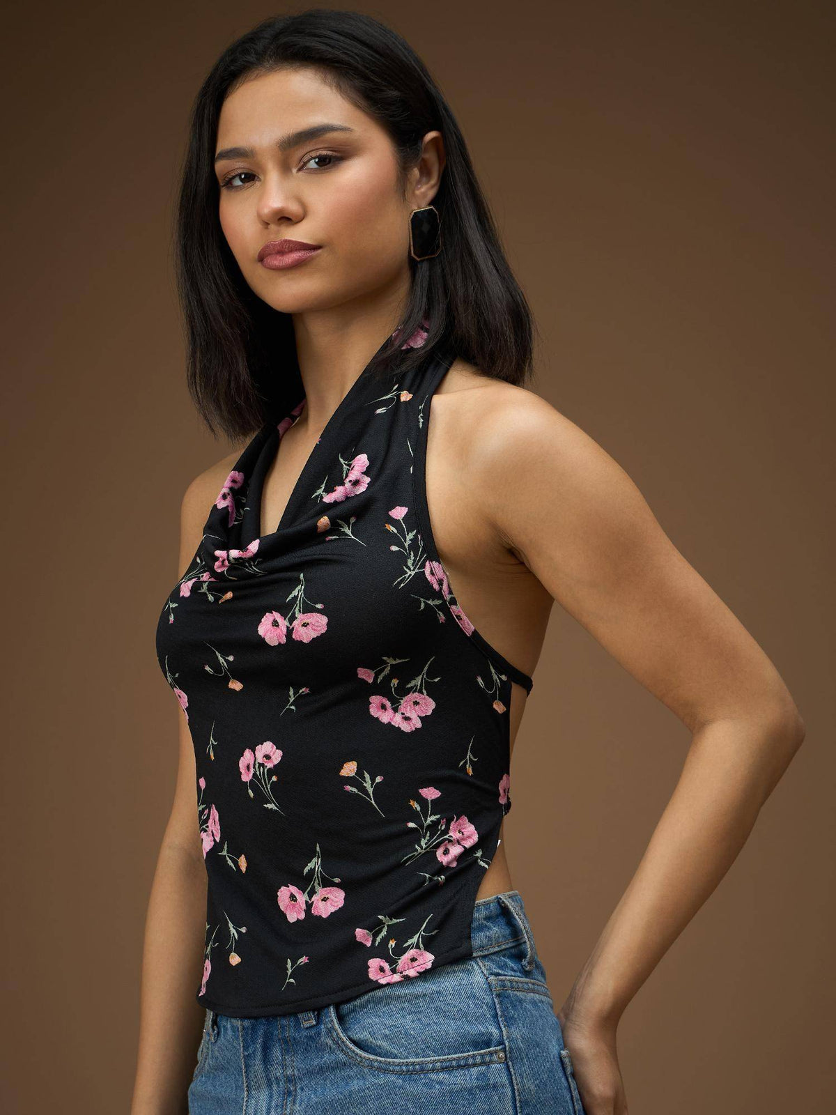 Women Printed Black Colour Halter Neck Styled Back Opaque Top | HT67 - view 3