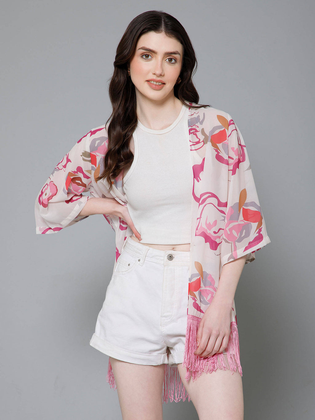 Pink Floral Printed Kimono Shrug | JC78 - view 1