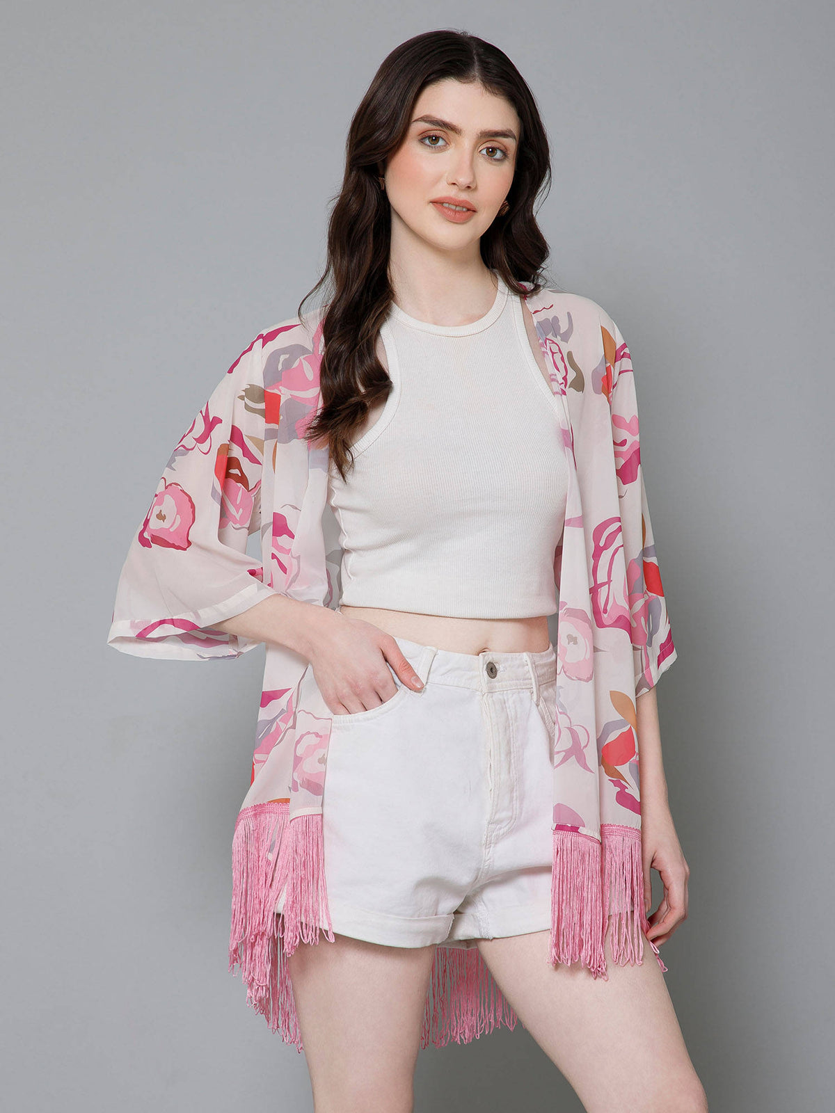 Pink Floral Printed Kimono Shrug | JC78 - view 3