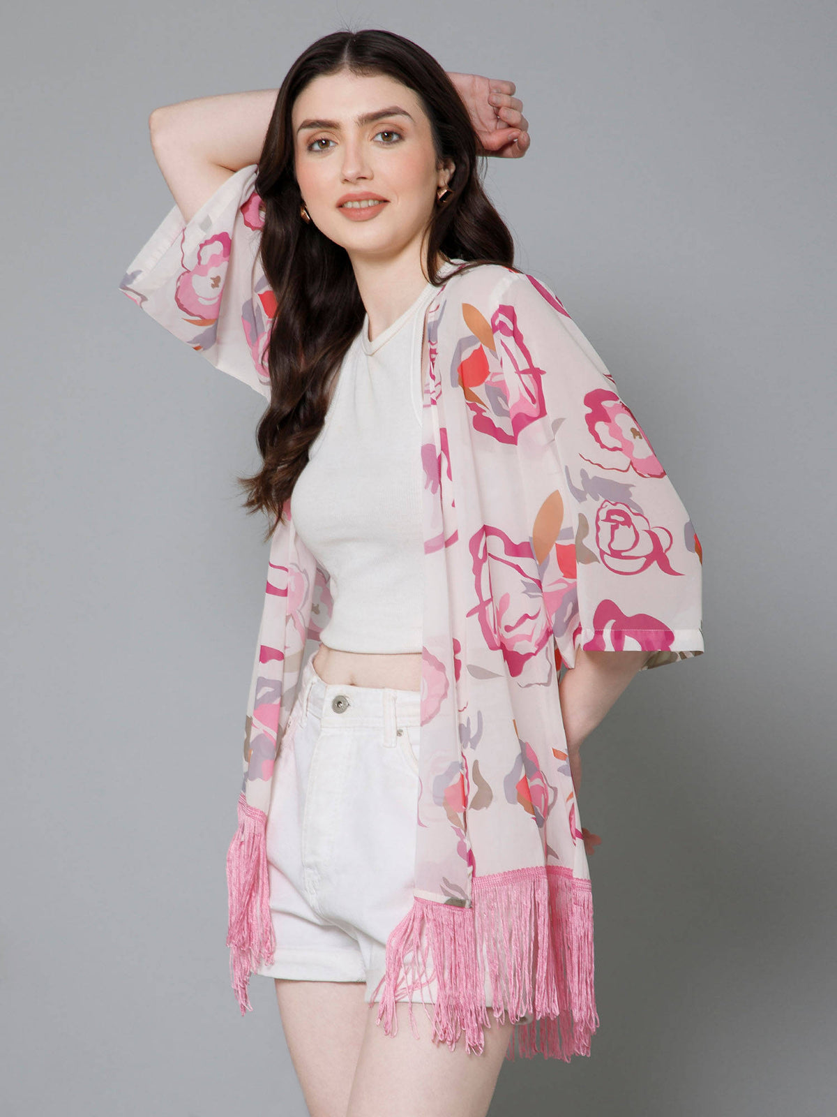 Pink Floral Printed Kimono Shrug | JC78 - view 4