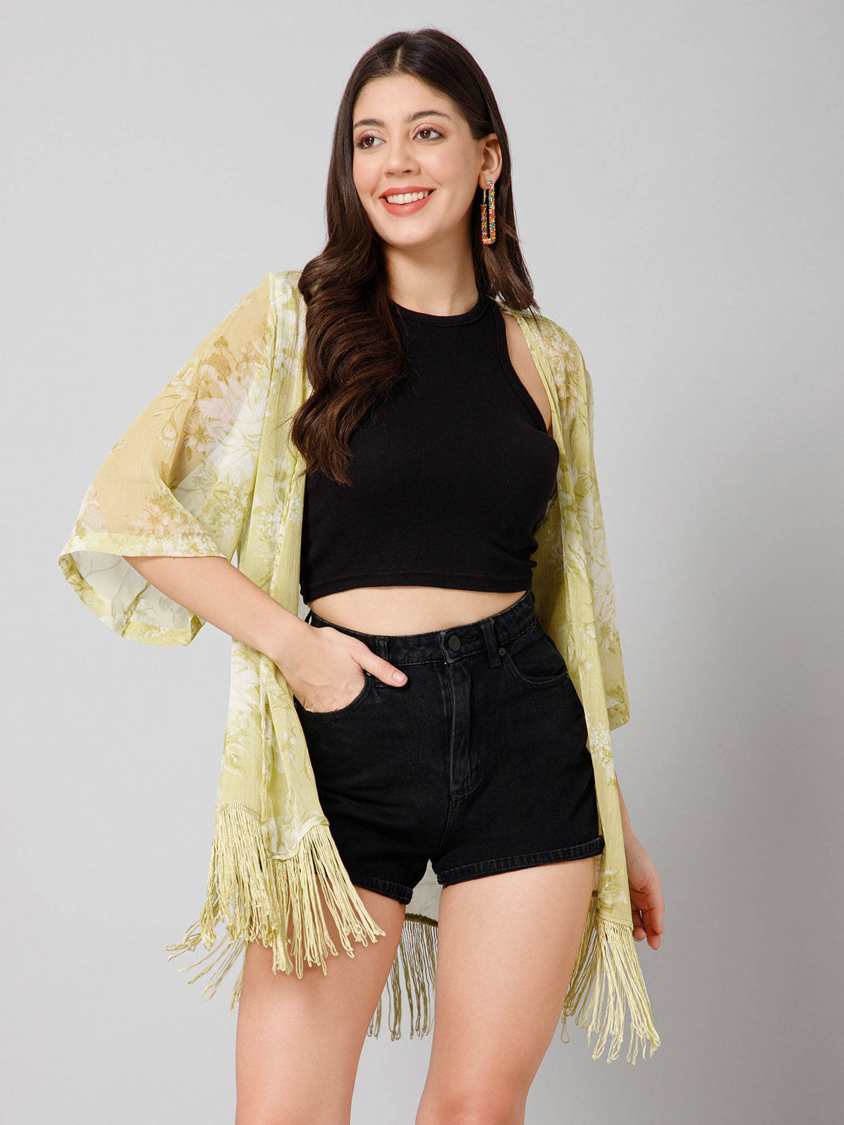 Floral Print Yellow Kimono Shrug | JC78 - view 1