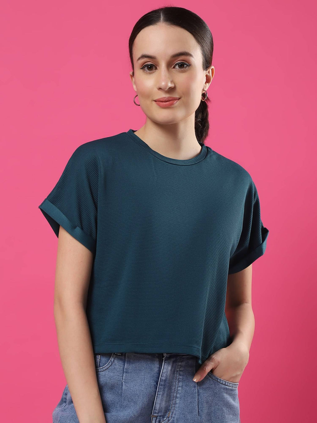 Women Teal Palmcorder Crop Top | CT61 - view 2