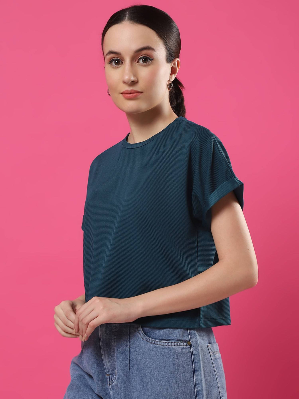 Women Teal Palmcorder Crop Top | CT61 - view 3
