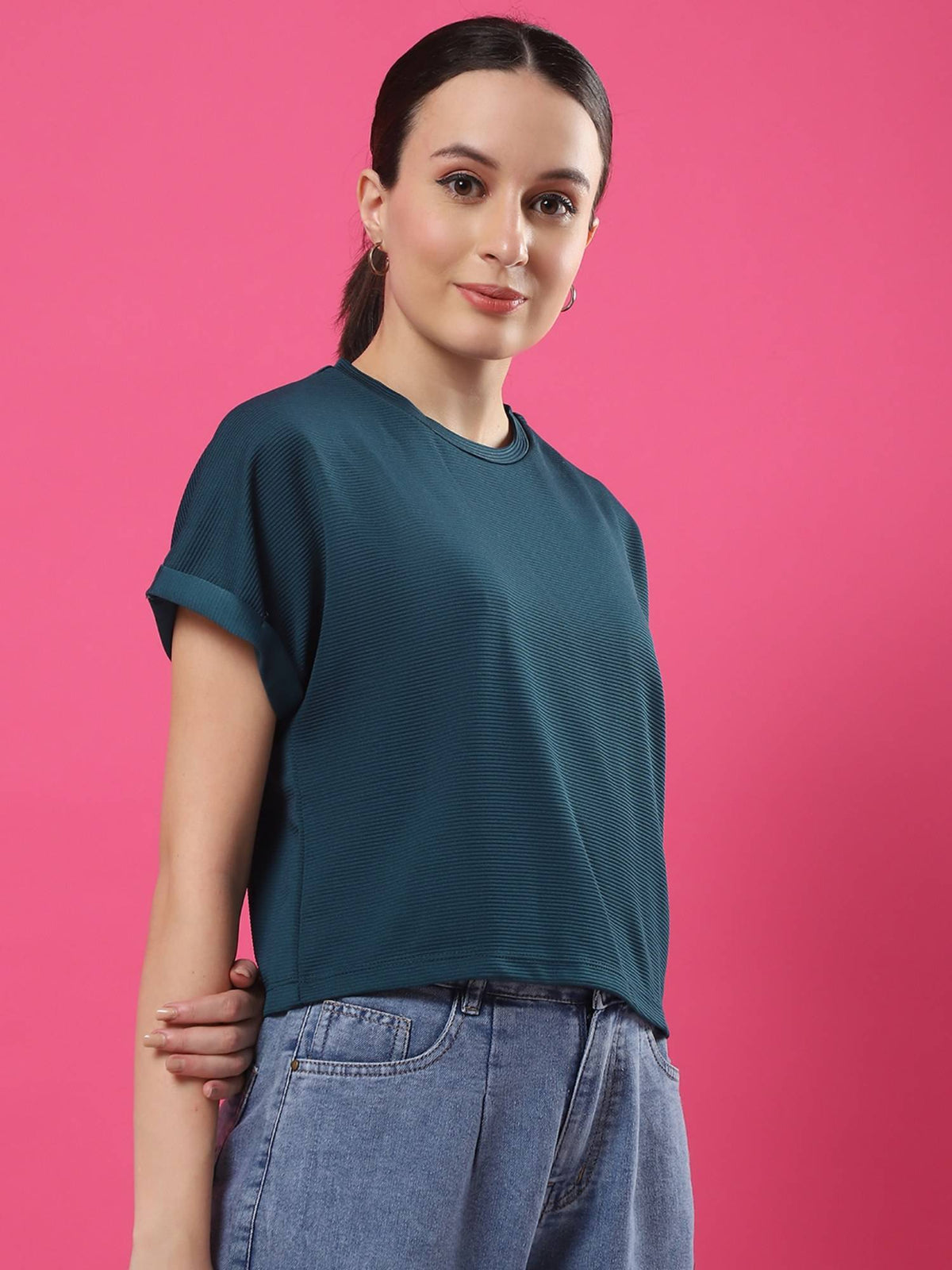 Women Teal Palmcorder Crop Top | CT61 - view 4