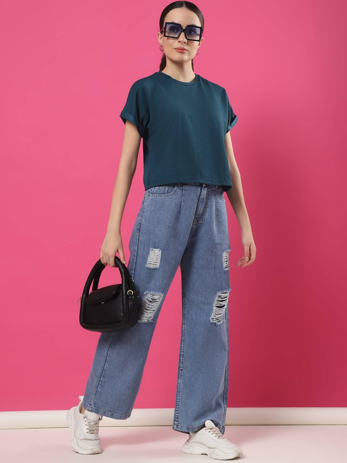 Women Teal Palmcorder Crop Top | CT61 - view 7