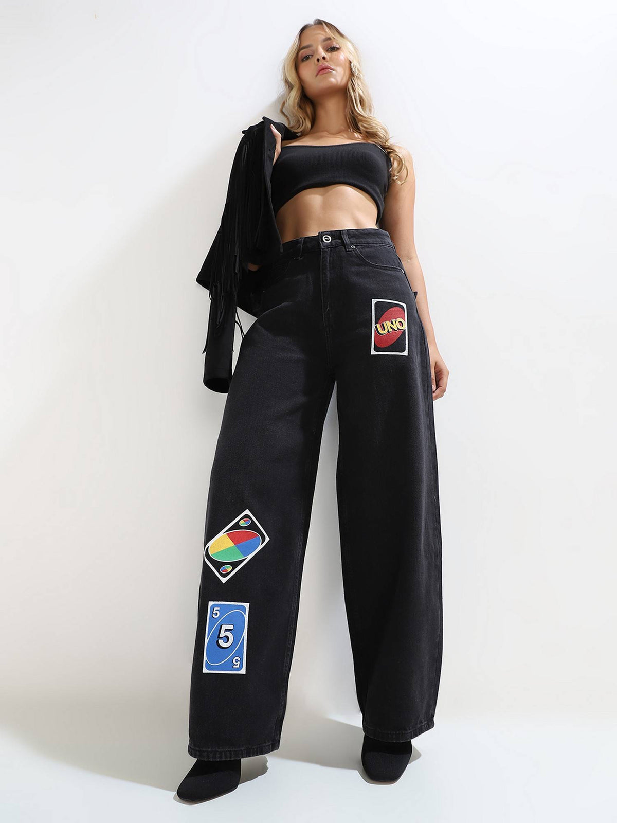 Women's Solid Slouchy Black Jeans | RF89 - view 2