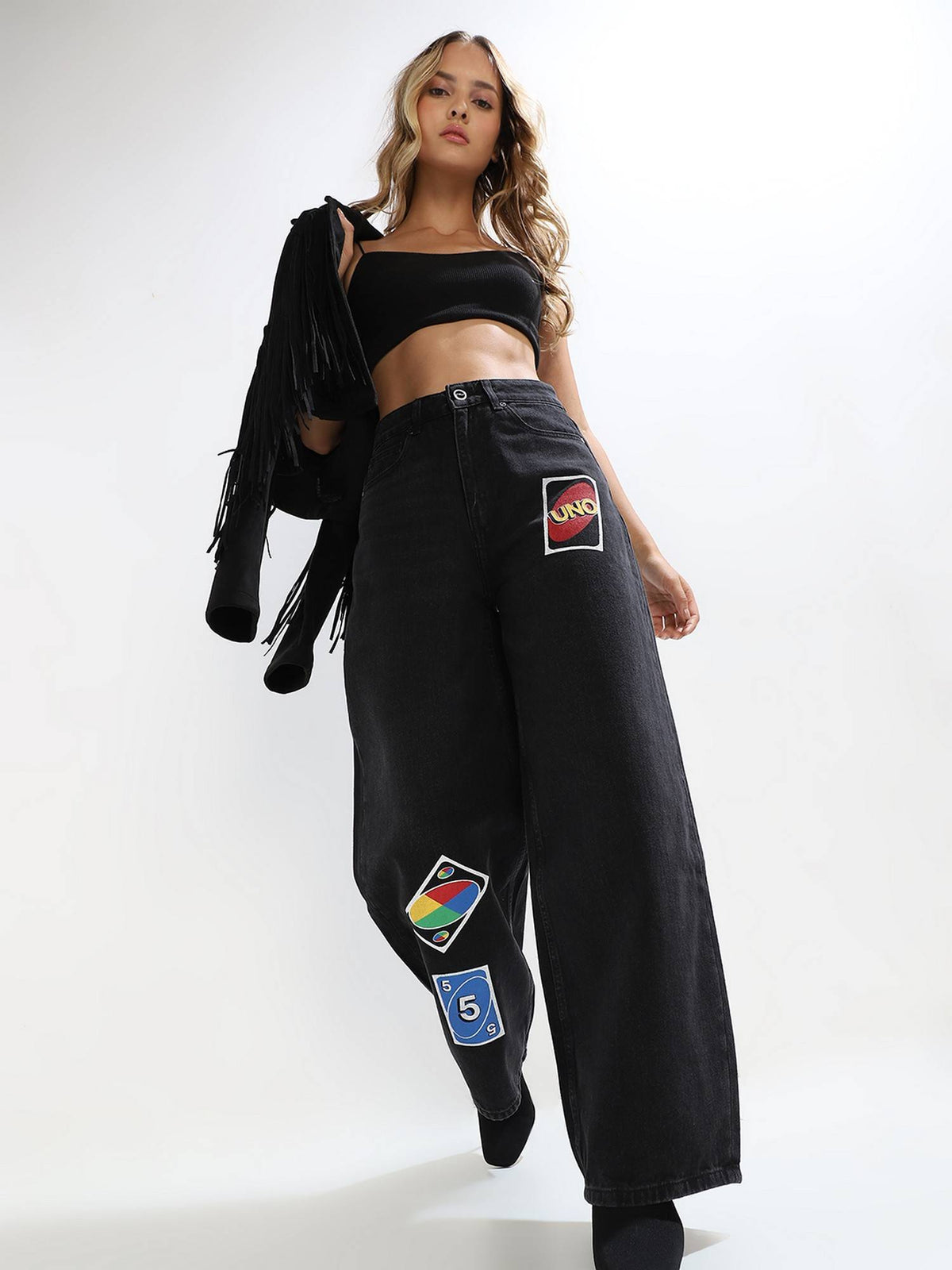 Women's Solid Slouchy Black Jeans | RF89 - view 3