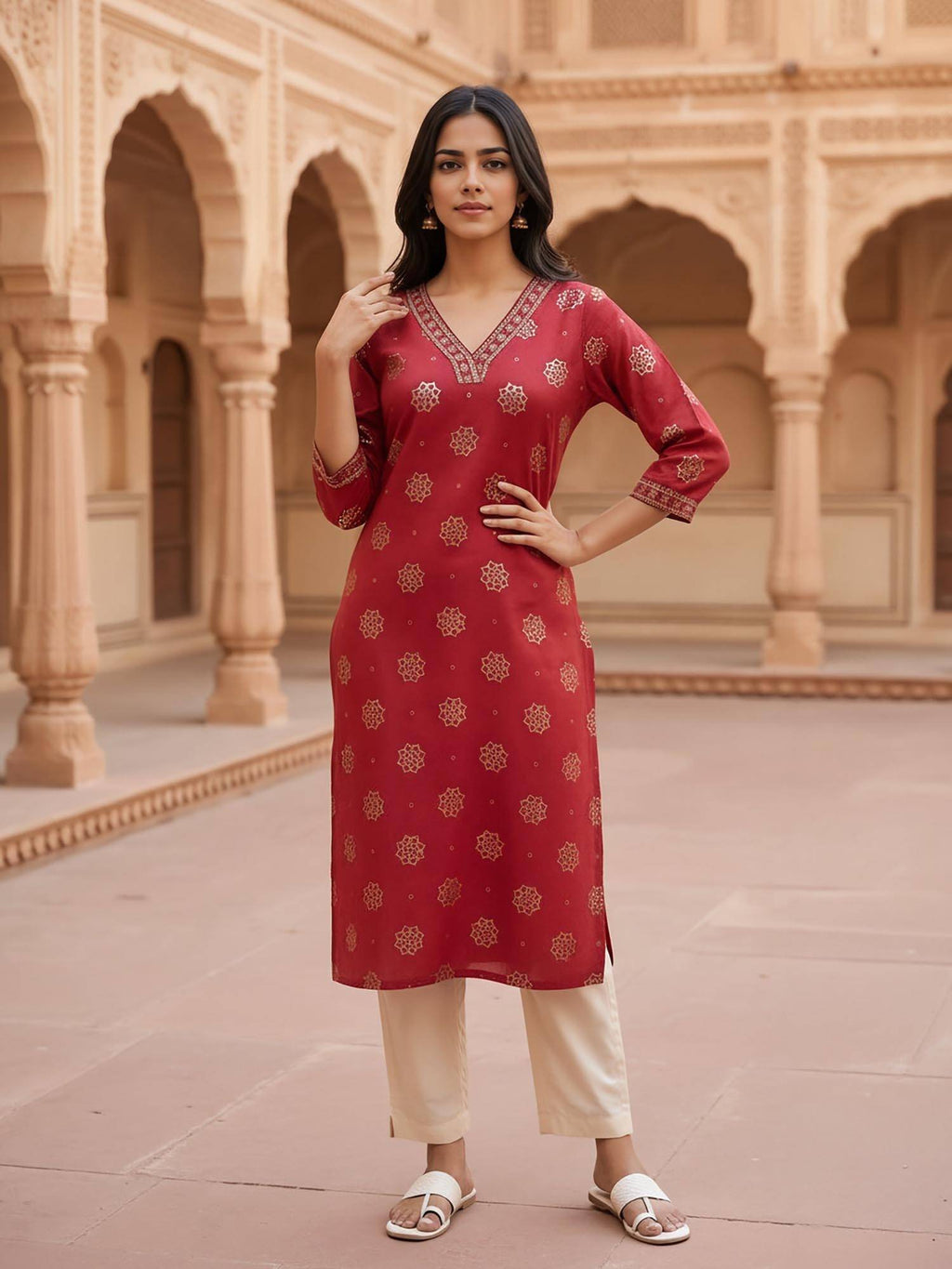 Women Red Viscose Rayon Embroidered Kurta | FY93 - view 1