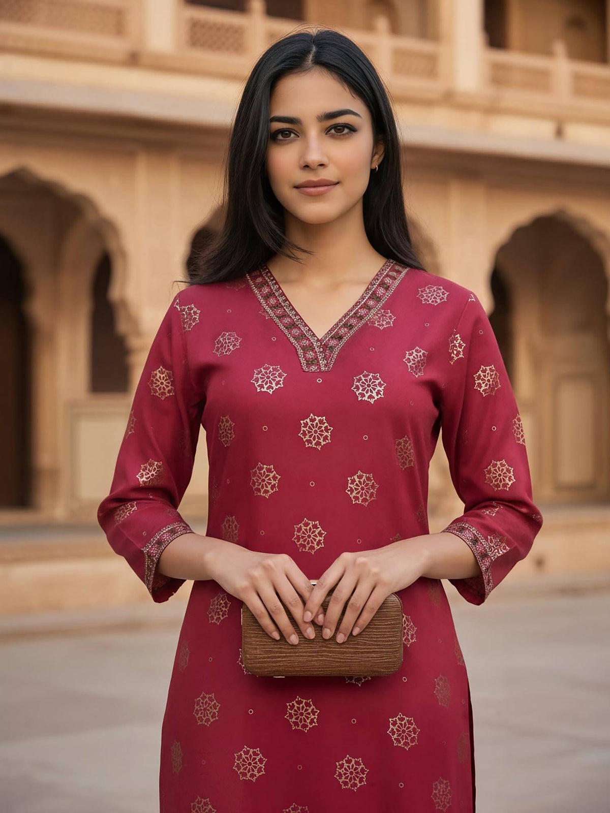 Women Red Viscose Rayon Embroidered Kurta | KDG - view 2