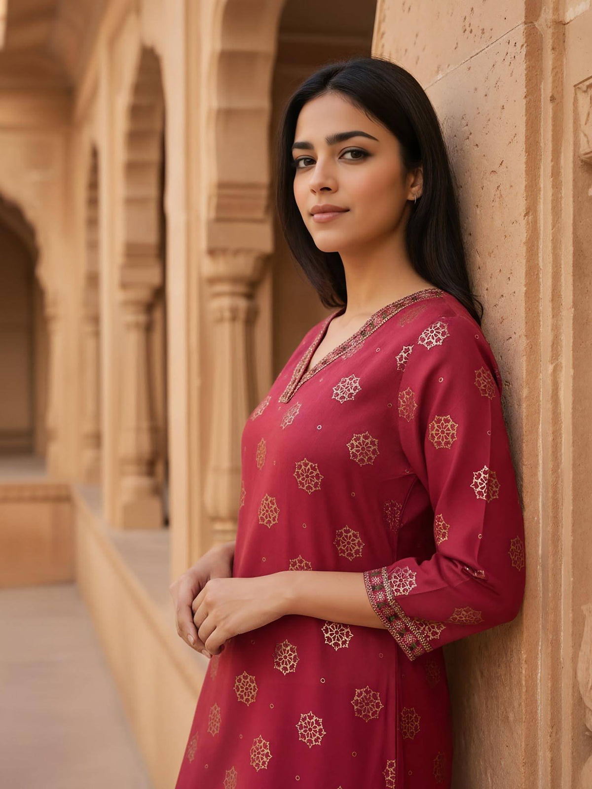 Women Red Viscose Rayon Embroidered Kurta | KDG - view 3