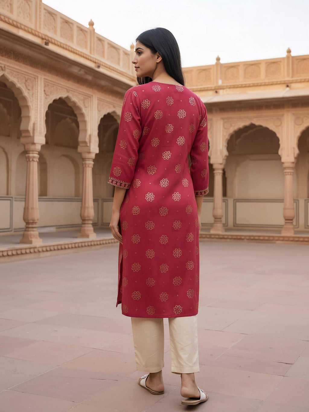 Women Red Viscose Rayon Embroidered Kurta | KDG - view 4