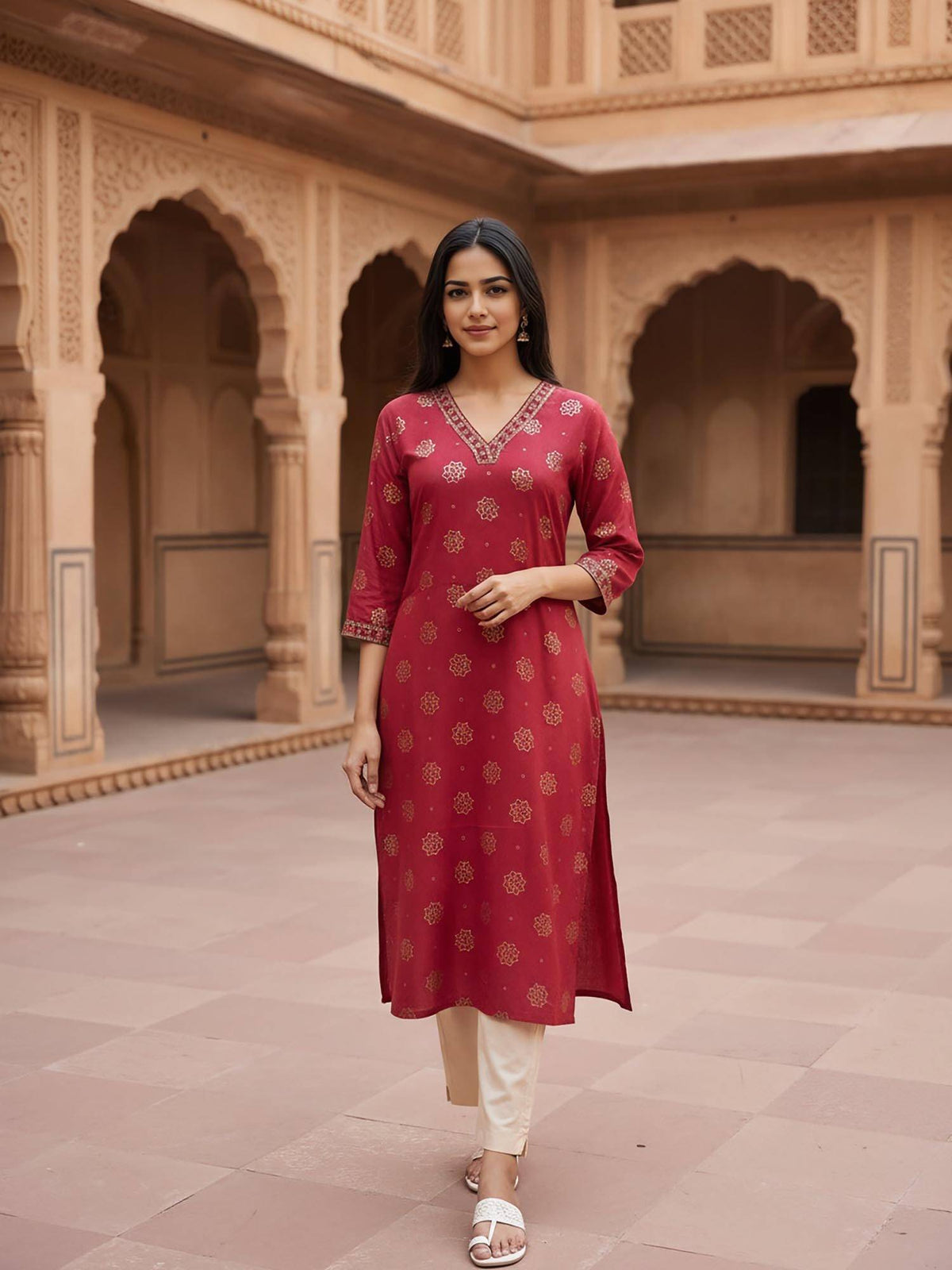 Women Red Viscose Rayon Embroidered Kurta | FY93 - view 5