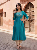 Women Turquoise Rayon Slub Embroidered Kurta | KDG - view 1