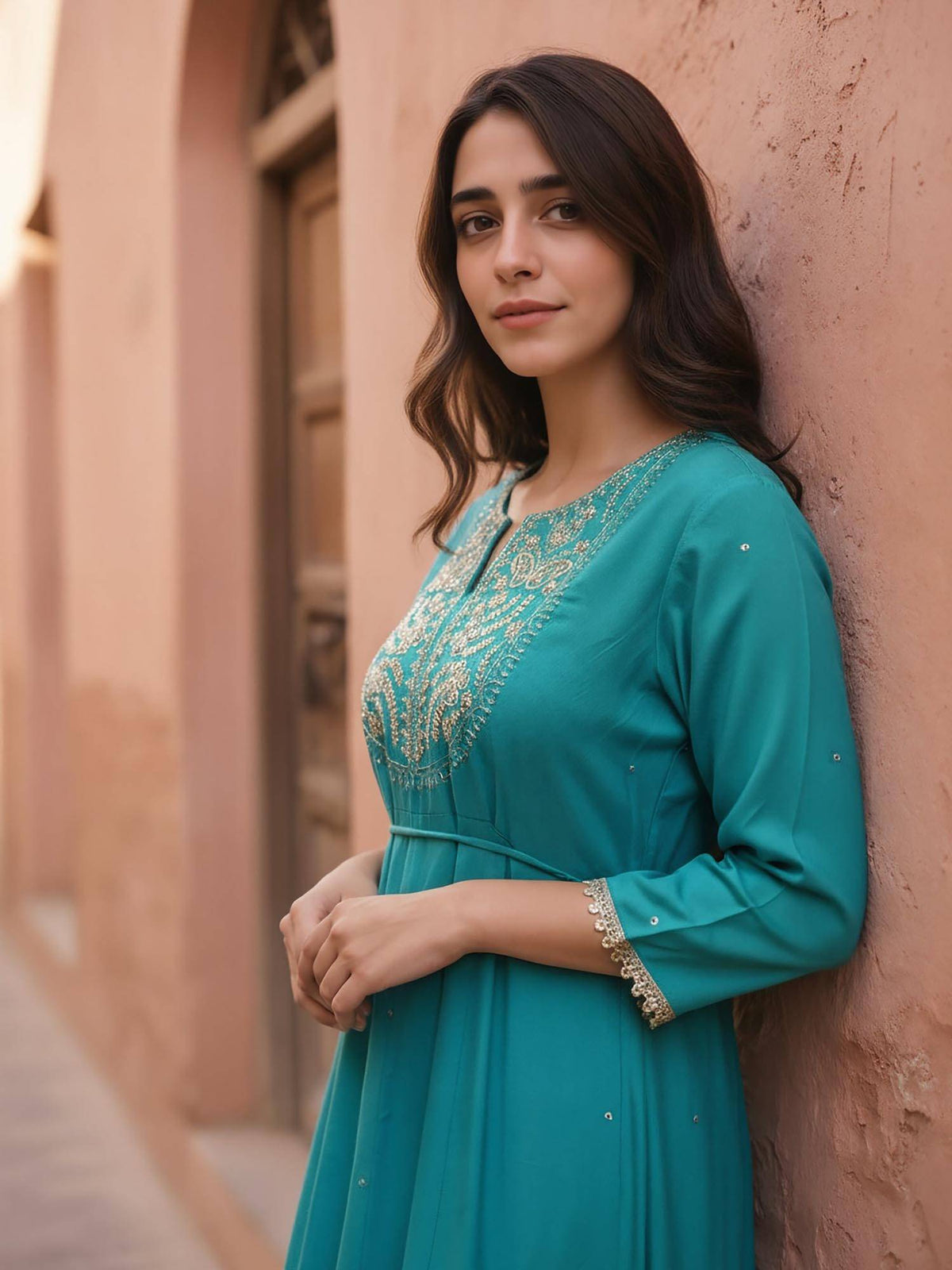 Women Turquoise Rayon Slub Embroidered Kurta | KDG - view 2