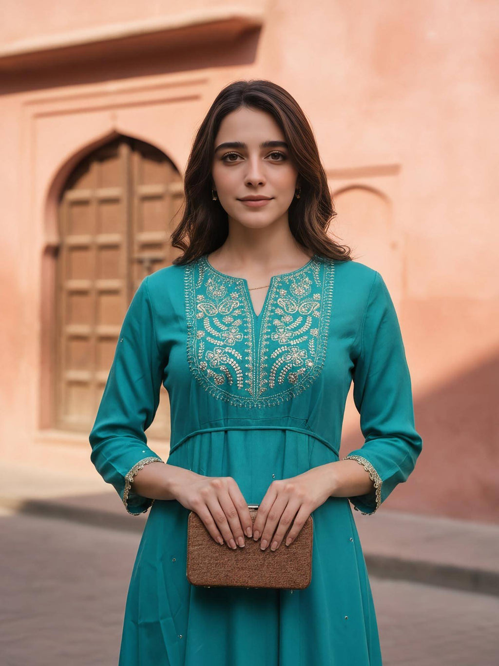 Women Turquoise Rayon Slub Embroidered Kurta | KDG - view 3