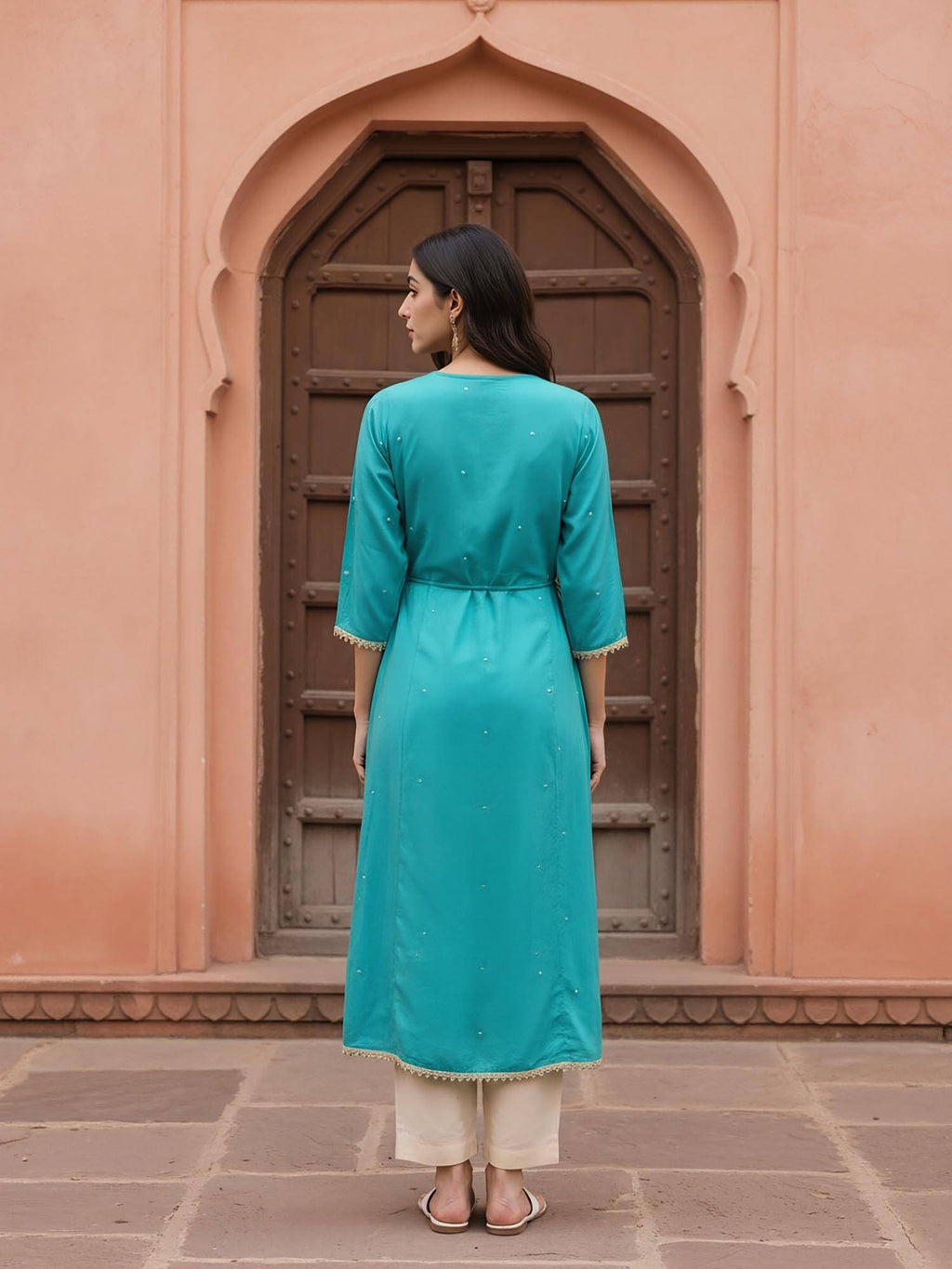 Women Turquoise Rayon Slub Embroidered Kurta | KDG - view 4