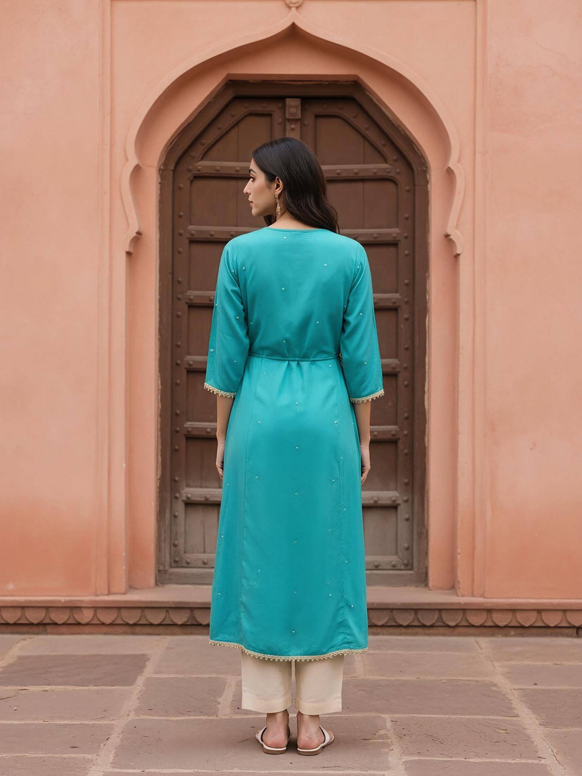 Women Turquoise Rayon Slub Embroidered Kurta | FY93 - view 4