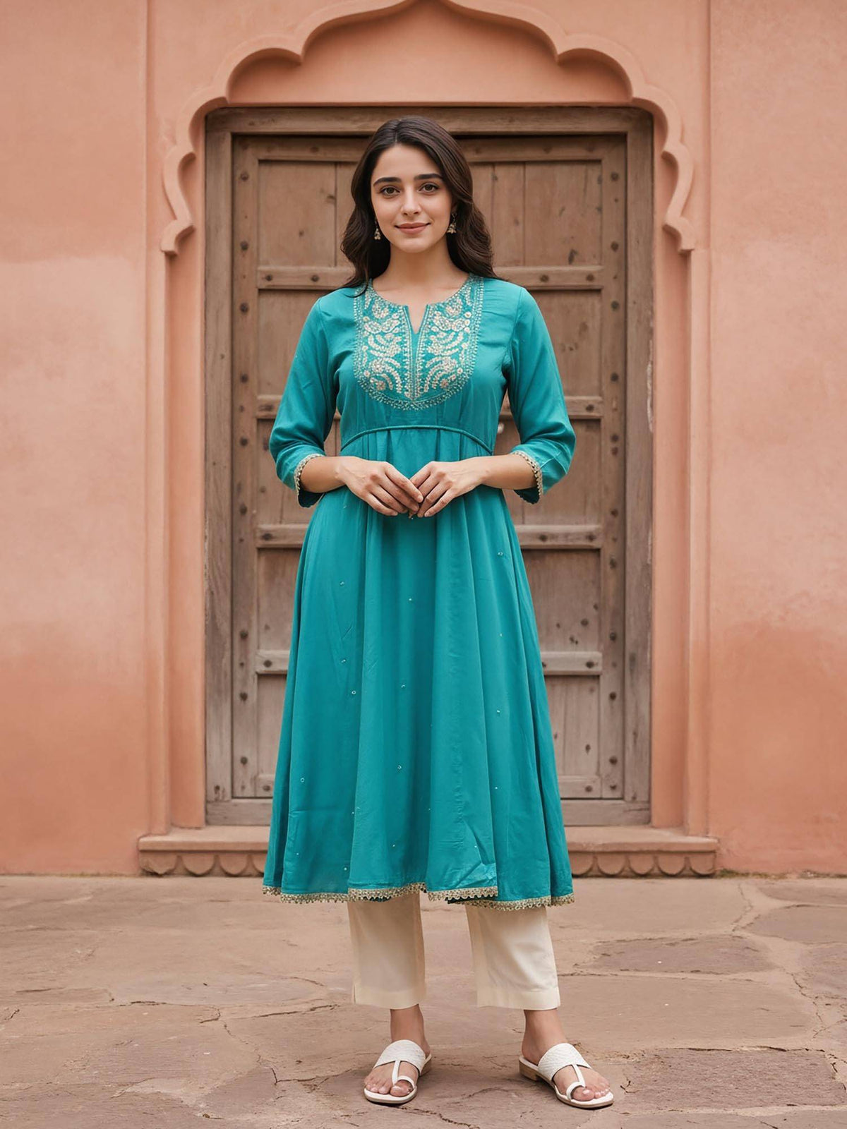 Women Turquoise Rayon Slub Embroidered Kurta | KDG - view 5
