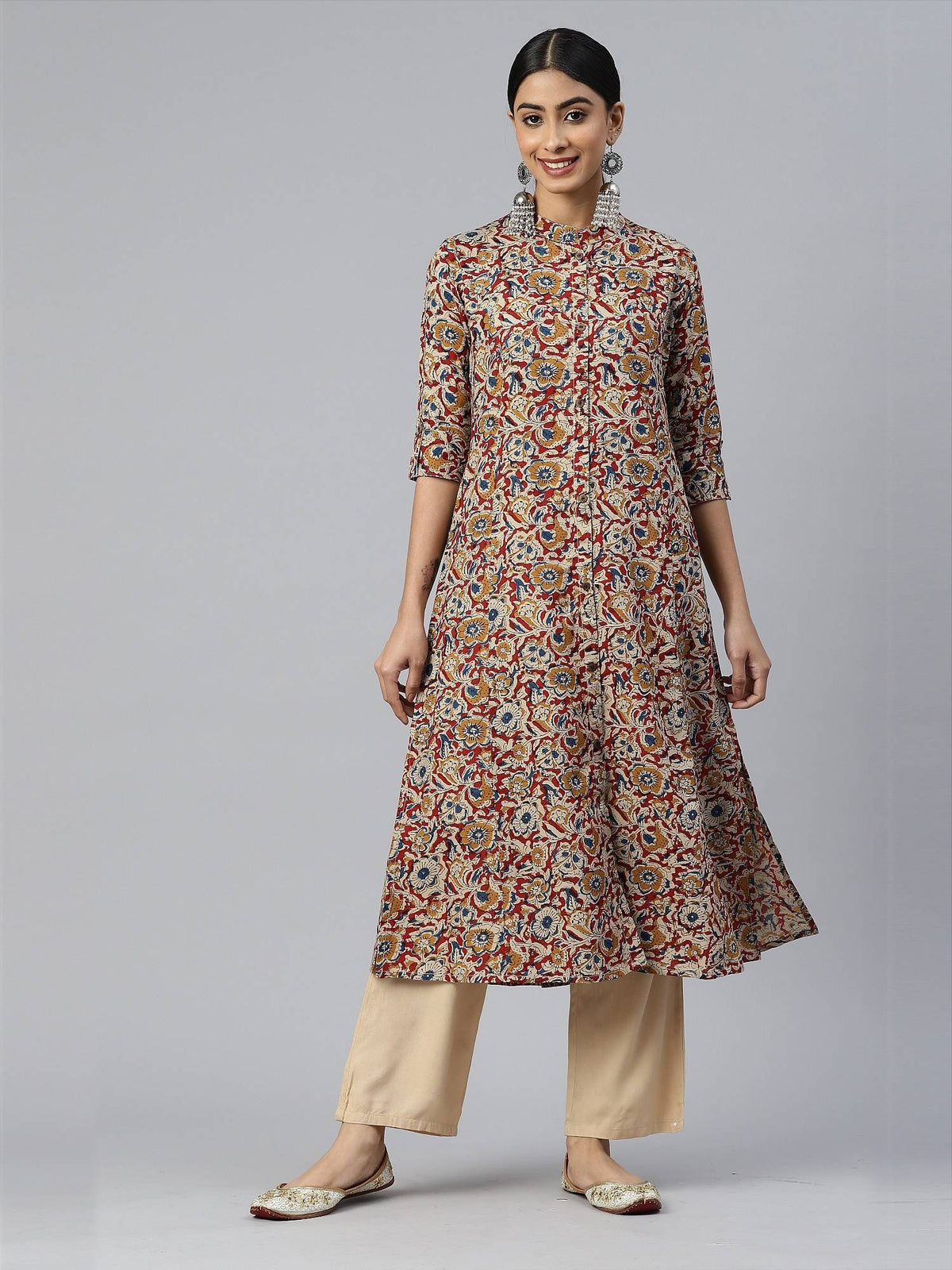 Women Floral Print A-line Rayon Beige Stitched Kurta | KDG - view 1