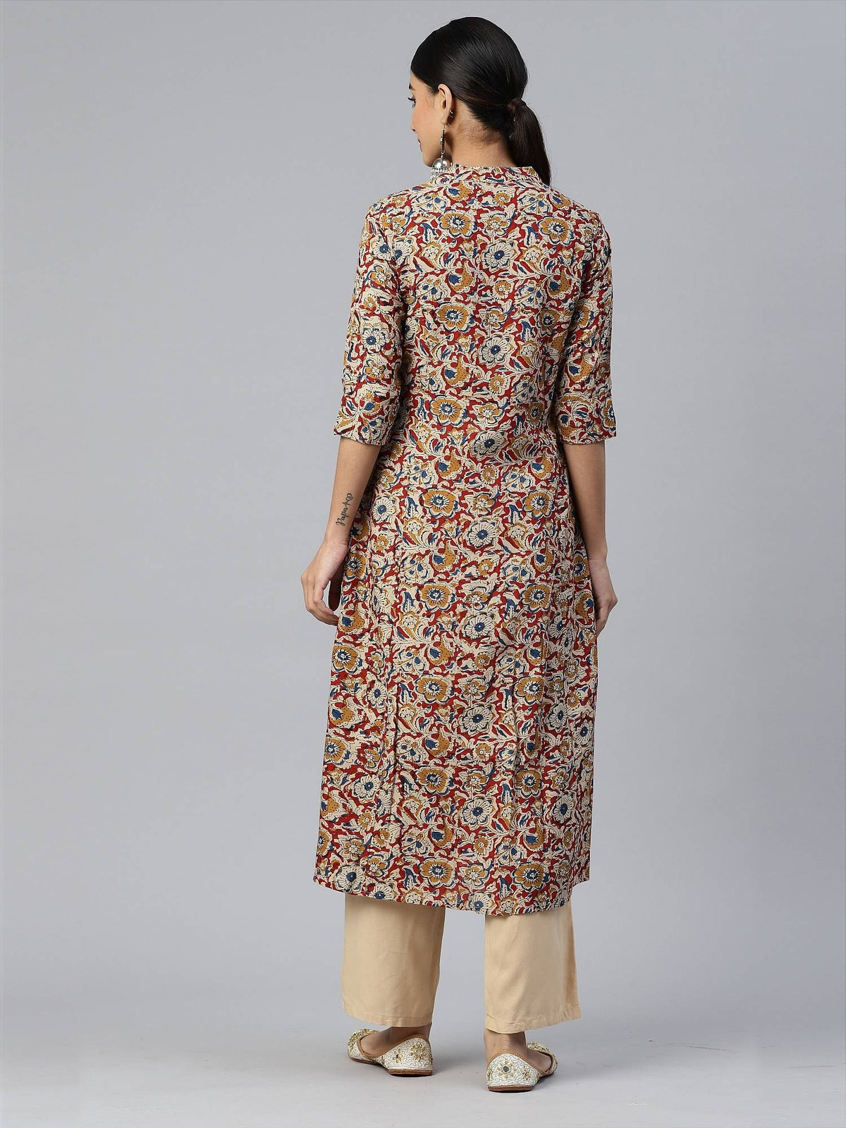 Women Floral Print A-line Rayon Beige Stitched Kurta | FY93 - view 2