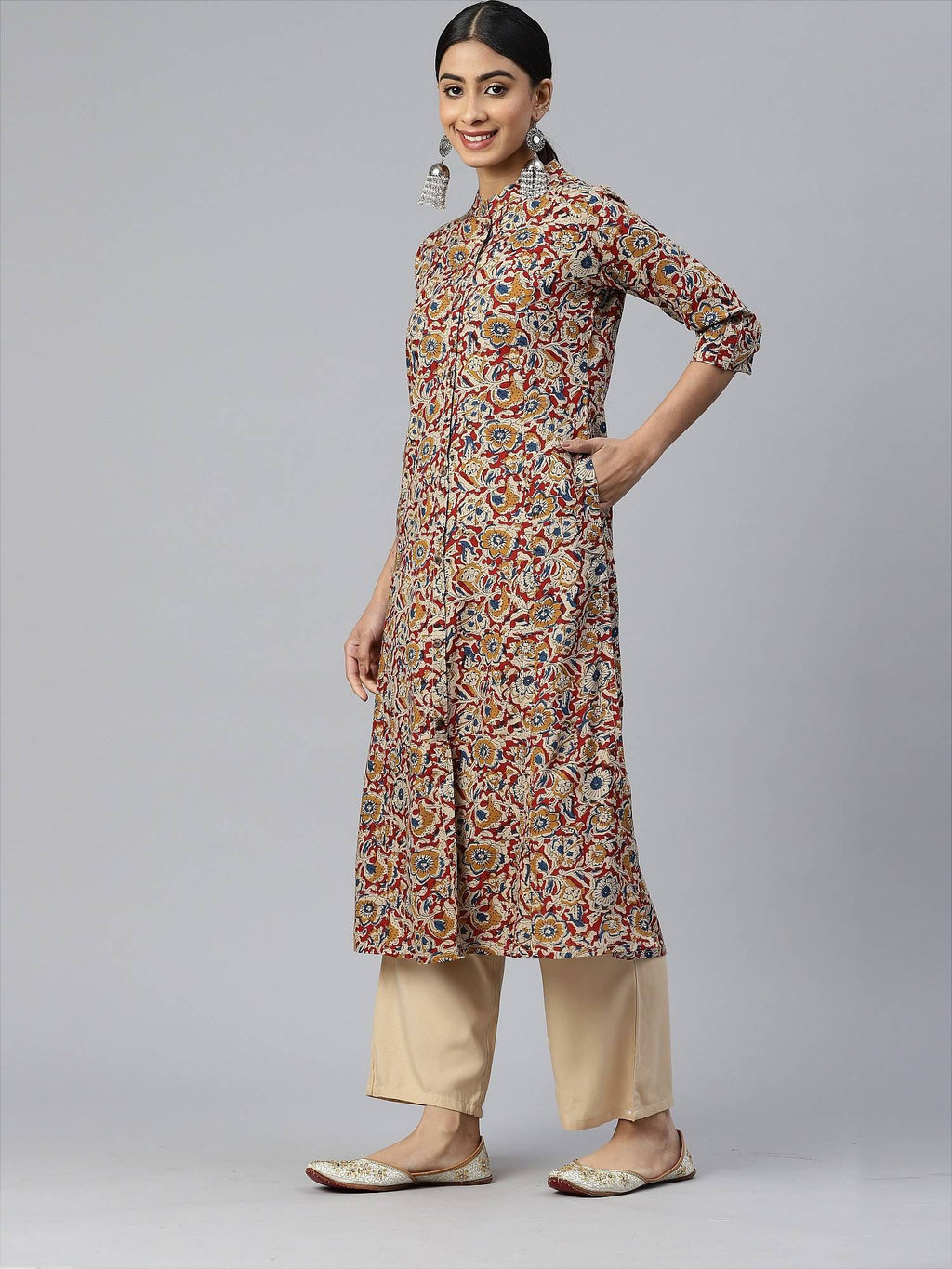 Women Floral Print A-line Rayon Beige Stitched Kurta | FY93 - view 3