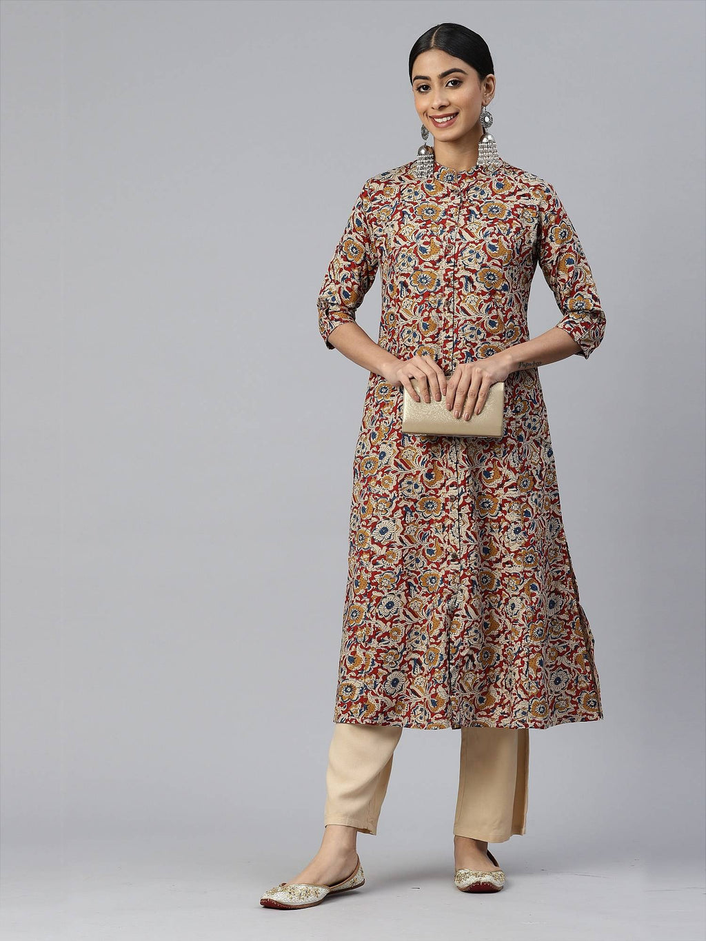 Women Floral Print A-line Rayon Beige Stitched Kurta | KDG - view 5