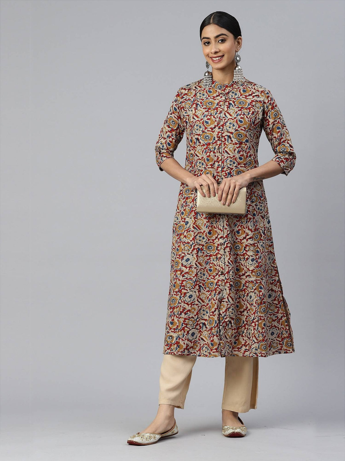Women Floral Print A-line Rayon Beige Stitched Kurta | FY93 - view 5