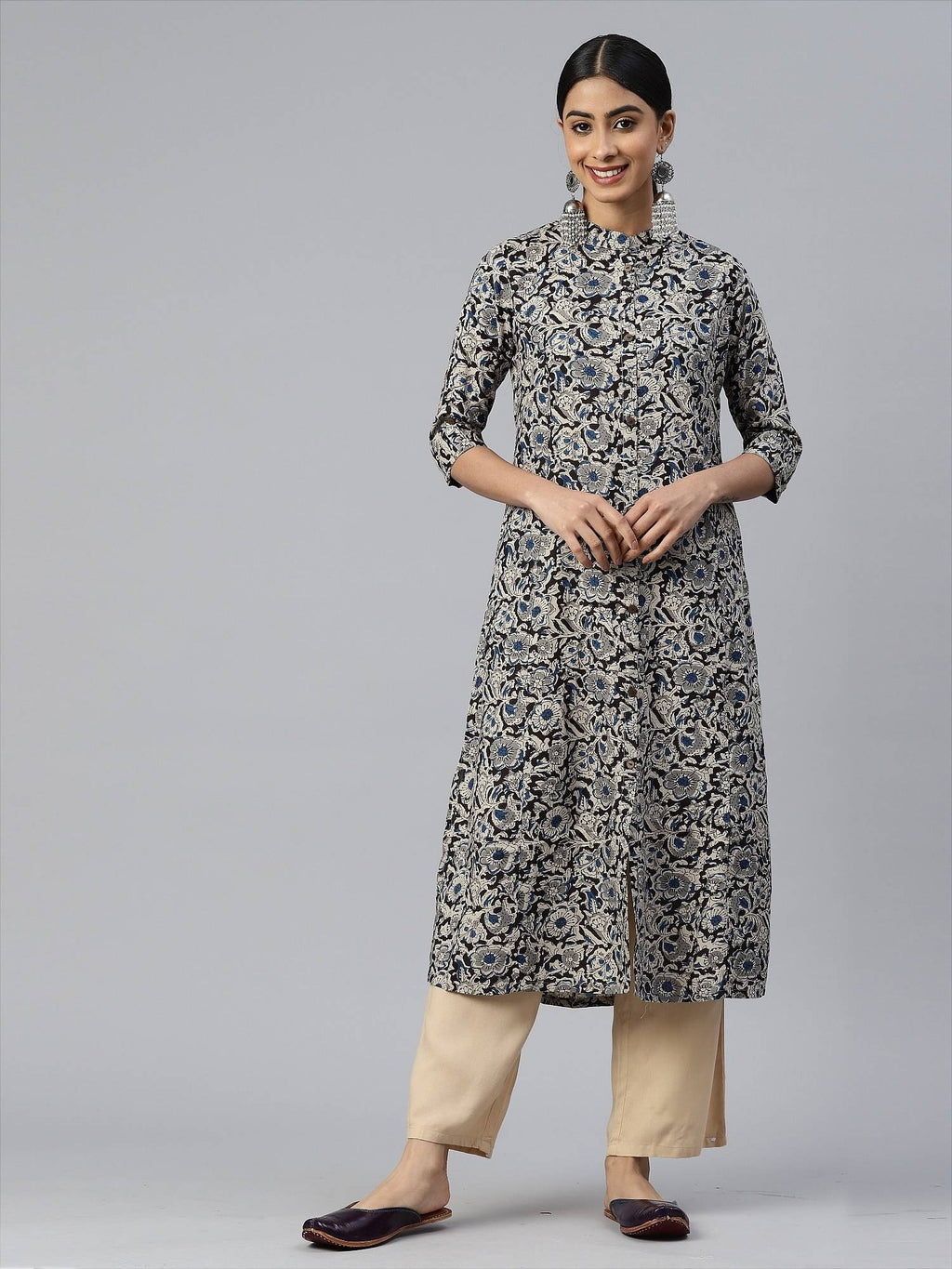 Women Floral Print A-line Rayon Beige Stitched Kurta | KDG - view 6